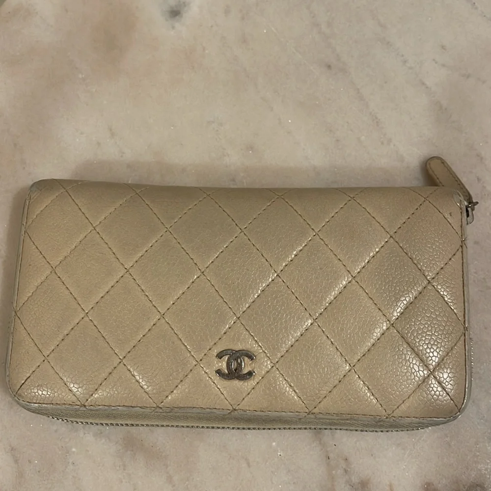 Chanel beige quilted lambskin zip around wallet